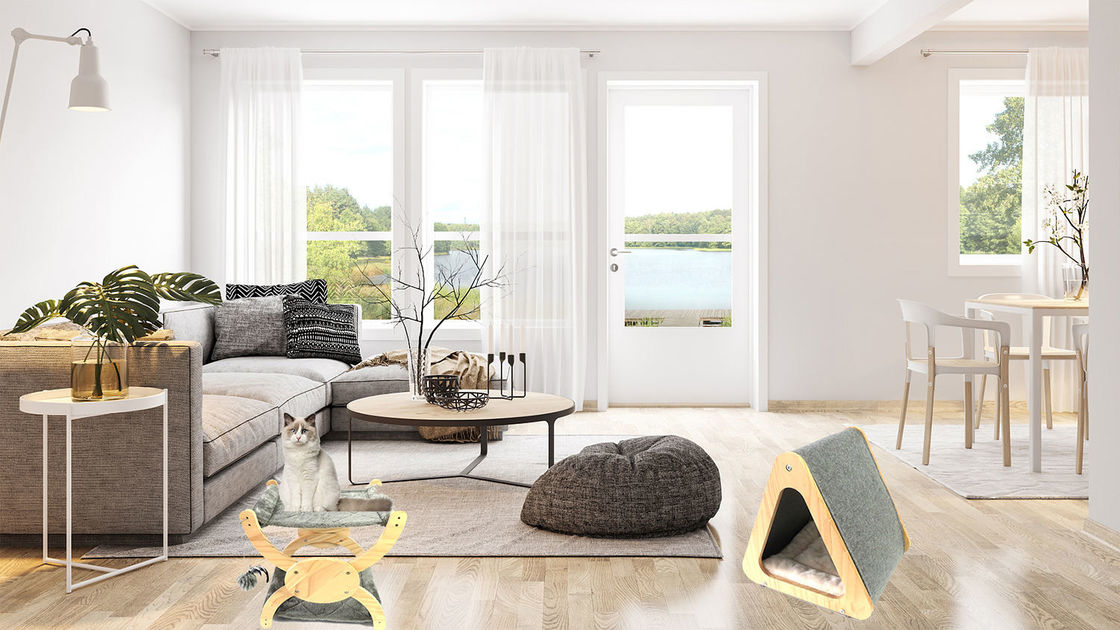 Đồ nội thất thân thiện với mèo bằng gỗ CARB Giường mèo có thể gập lại để cào hang bằng nỉ