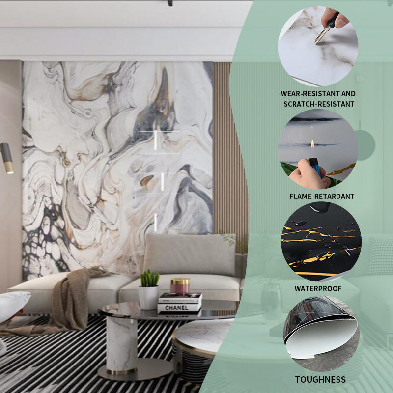 Tấm ốp tường vân đá bột vàng PVC vân cẩm thạch bóng UV chống ẩm, dày dặn, kích thước lớn